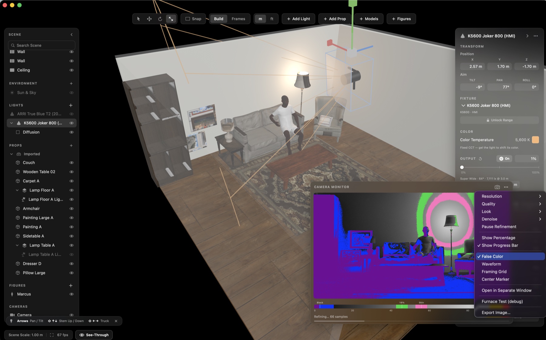 A furnished living-room scene with the camera monitor in false color mode and its tools menu open