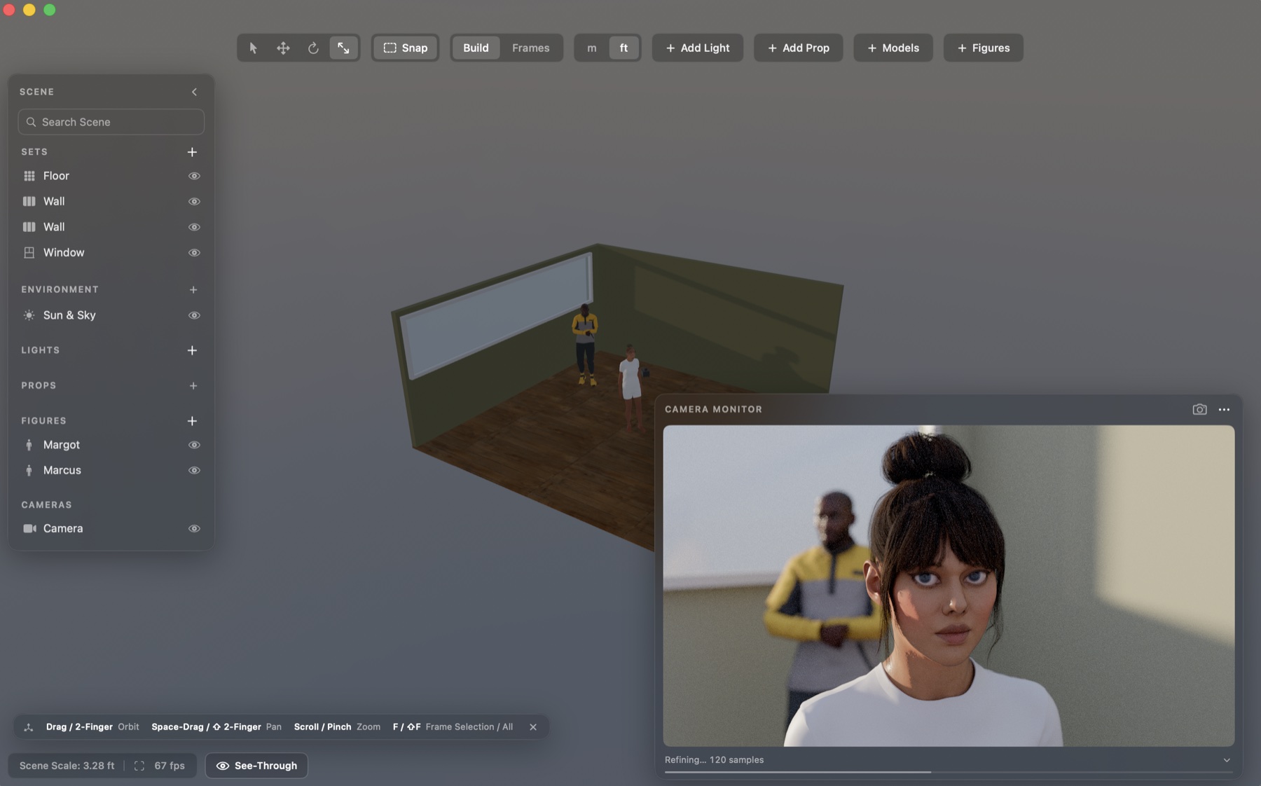 Blocking two digital actors in a simple set while the camera monitor holds a photoreal close-up