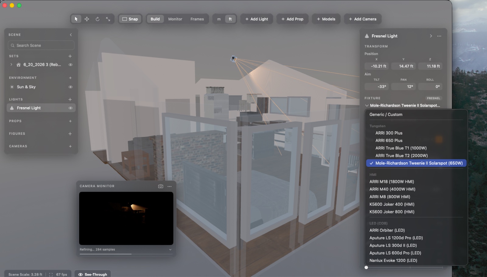The fixture library open over a see-through house scene: ARRI, Mole-Richardson, K5600, Aputure, and Nanlux heads