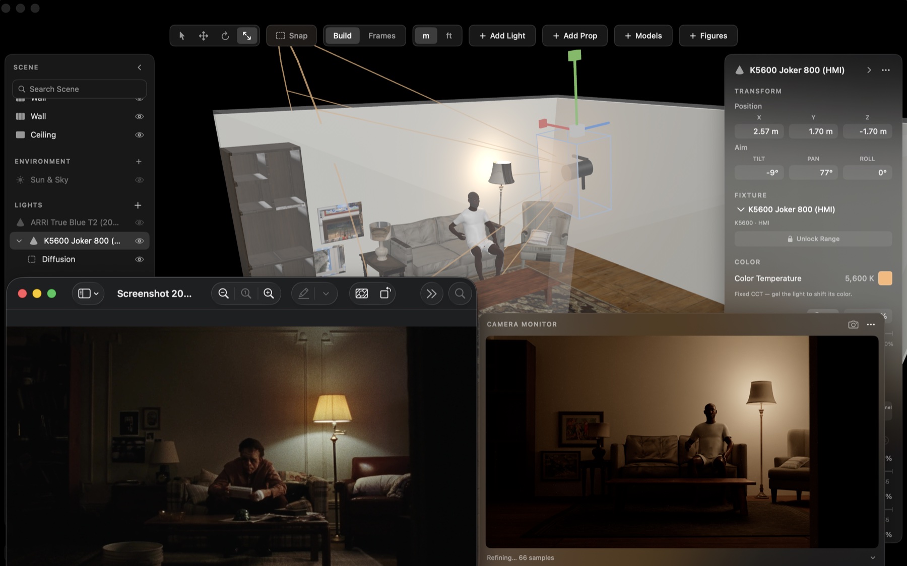 A film reference frame beside the same lamp-lit look rebuilt and path-traced in KaveLight