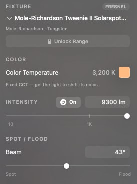 Fixture panel for a Mole-Richardson Tweenie II: 3200 Kelvin, 9300 lumens, 43 degree beam with spot-flood control