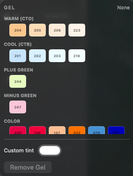 Gel picker with CTO, CTB, plus green and minus green swatches